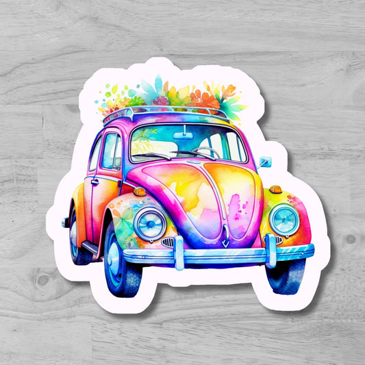 Watercolor VW beetle Glossy Vinyl Laminated Die-Cut Waterproof Sticker