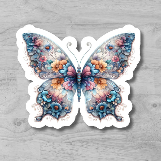 Butterfly with Flower Pattern  - Glossy Vinyl Sticker/Decal, Laminated Durable Waterproof, Die-Cut Sticker