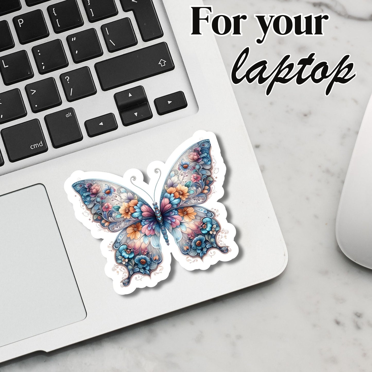 Butterfly with Flower Pattern  - Glossy Vinyl Sticker/Decal, Laminated Durable Waterproof, Die-Cut Sticker