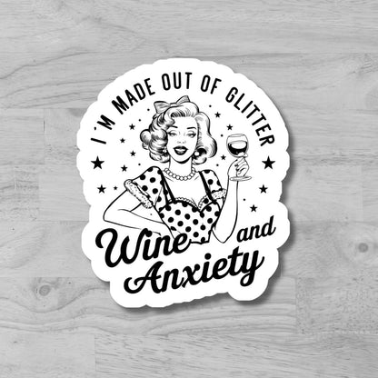 Wine and Anxiety, Funny sarcastic Vintage Theme Waterproof Die Cut Sticker