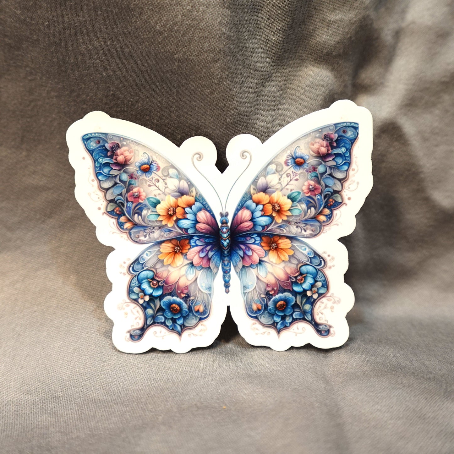 Butterfly with Flower Pattern  - Glossy Vinyl Sticker/Decal, Laminated Durable Waterproof, Die-Cut Sticker